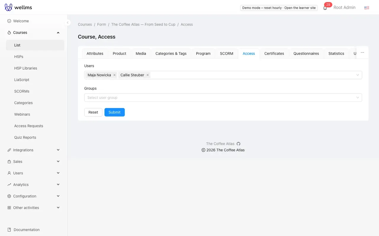 The Access tab with users and groups