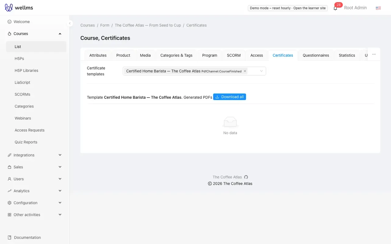 The Certificates tab with the template selector and generated PDFs
