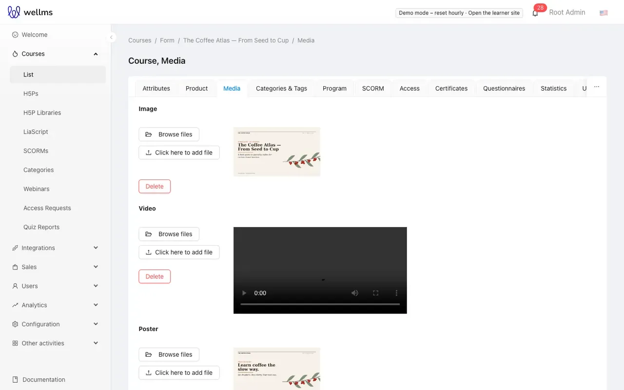 The Media tab with image, video and poster uploads