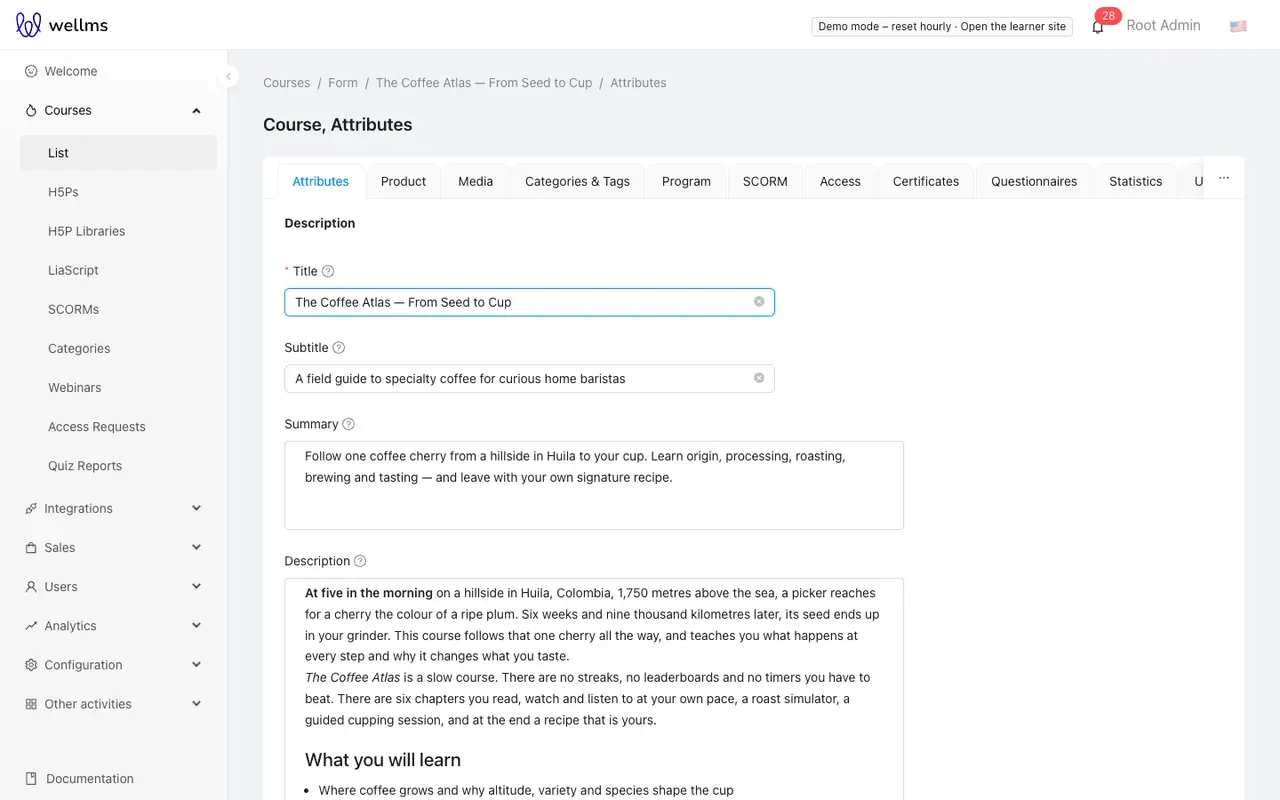 The course editor with its tabs