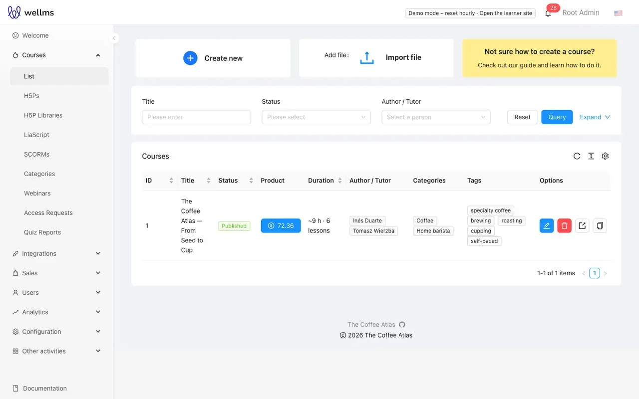 The course list with filters, the Create new button and row actions