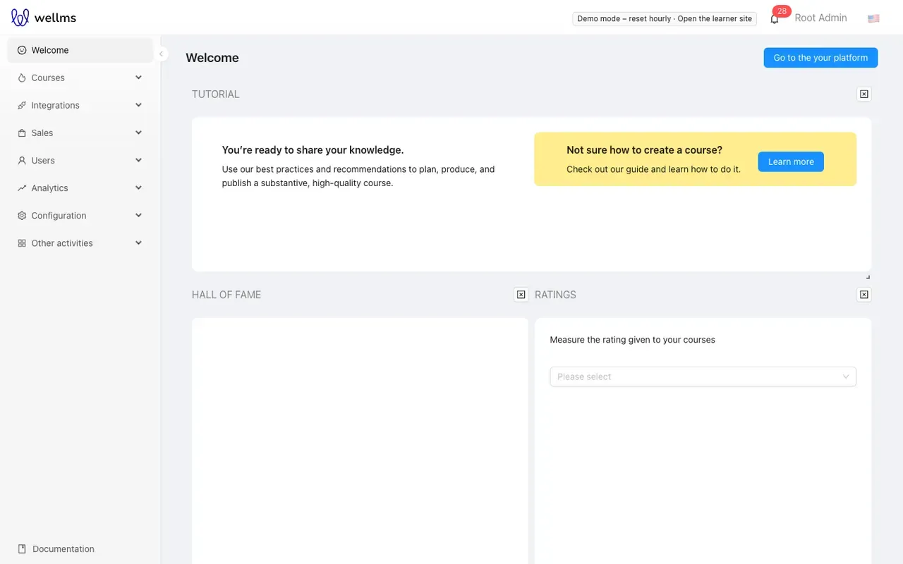 The dashboard with course and sales widgets