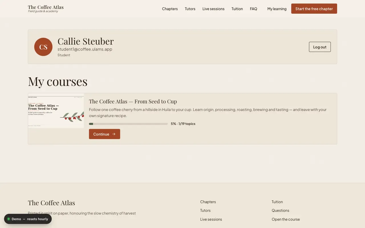 The account page with the profile card and the list of courses with progress bars
