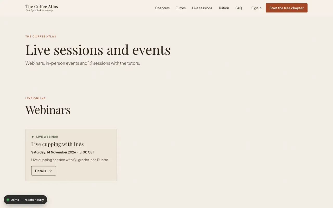 The Live sessions and events page with webinar, event and consultation cards
