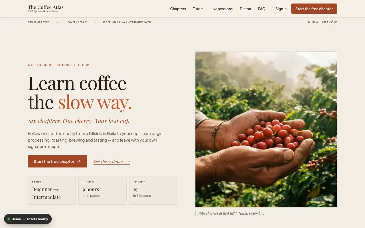 The Coffee Atlas landing page with the hero, chapter index and pricing