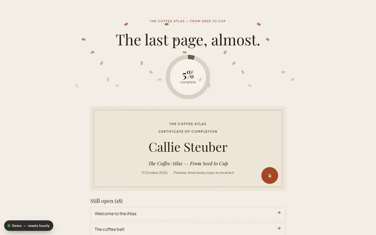 The finish page with the completion ring and the certificate preview