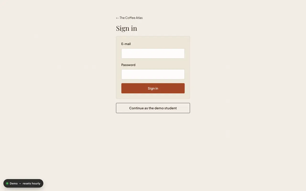 The sign-in form with e-mail, password and the Continue as the demo student button