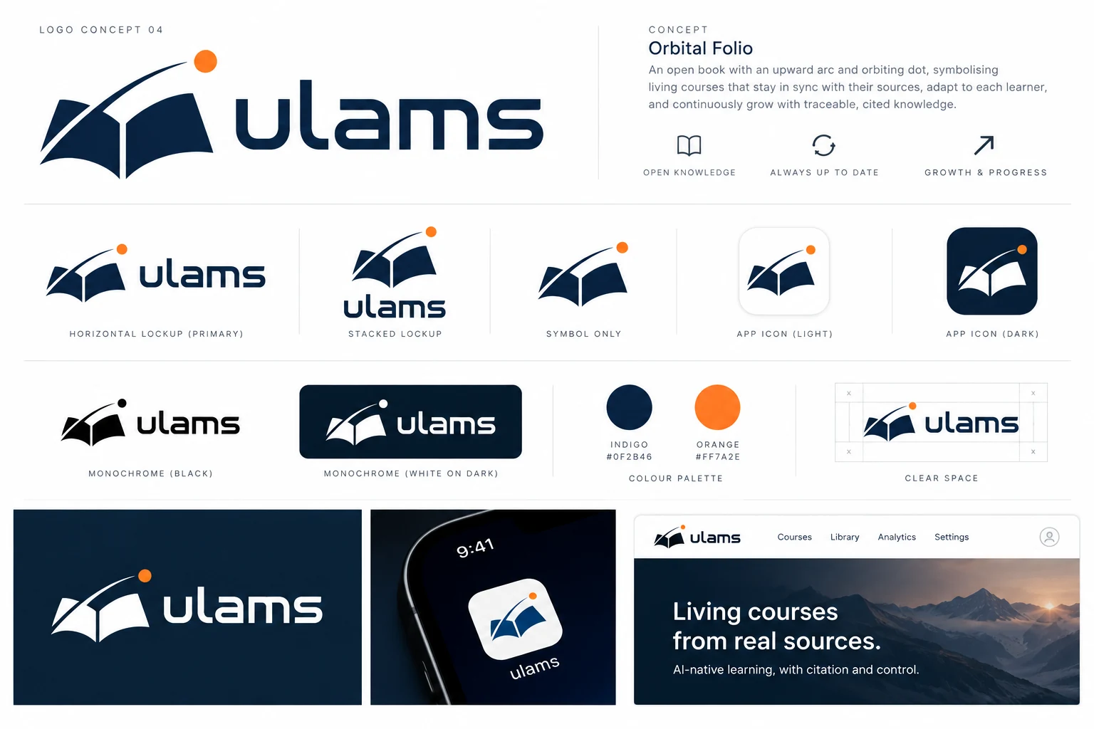 The Orbital Folio brand board: the horizontal, stacked and symbol-only logos, light and dark app icons, one-colour versions, the colour palette and the clear-space rule.